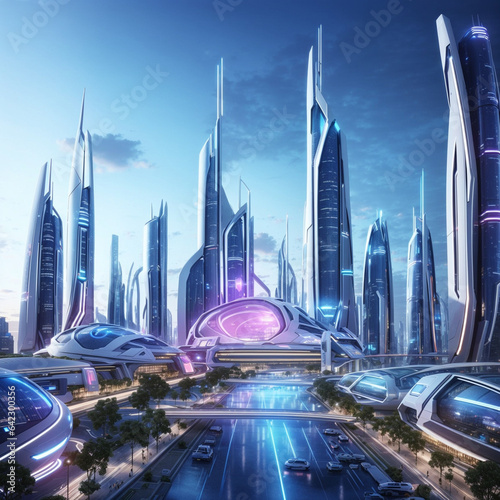 Fototapeta Naklejka Na Ścianę i Meble -   futuristic city skyline with advanced architecture and glowing lights.