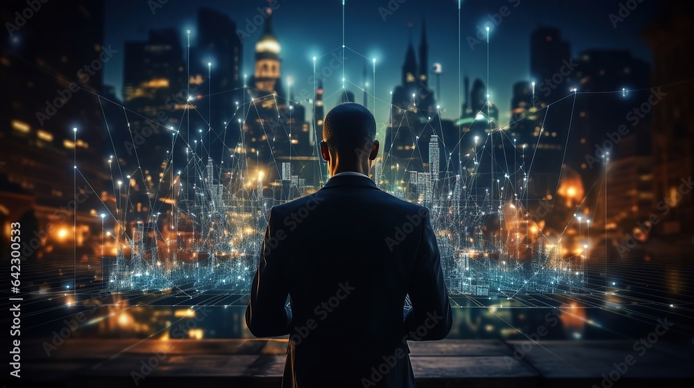 Artificial Intelligence, A businessman using Tablet, on building, big data, generative ai - obrazy, fototapety, plakaty 