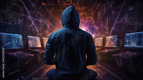 Artificial Intelligence, a hacker using laptop, sitting on chair, big data, generative ai