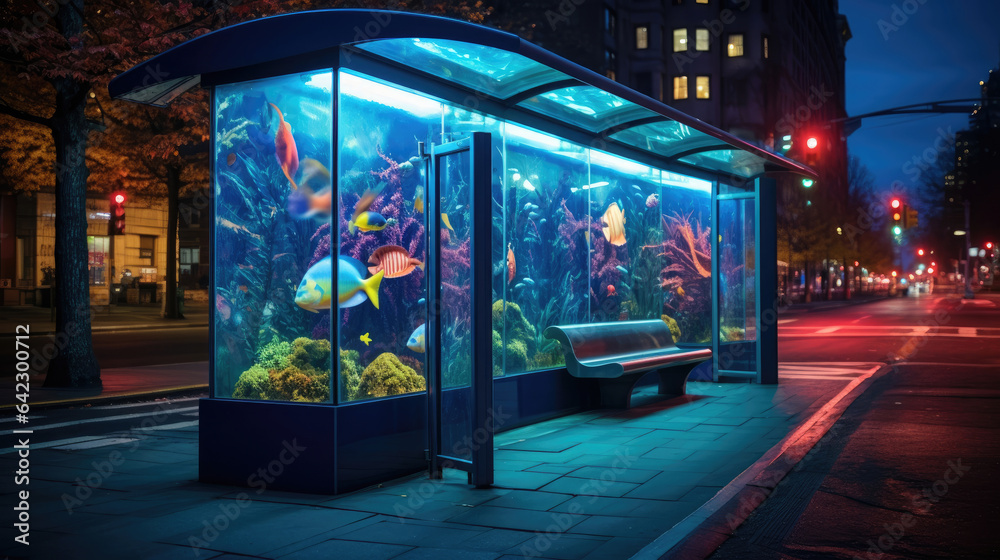 Bus shelter with an aquarium in night city