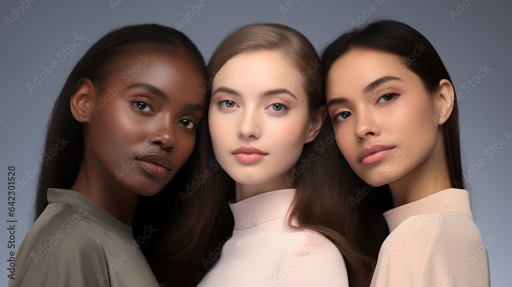 Portrait of group of beautiful ladies with different skin color, beauty portrait of different ethnicity women stand side by side together. Multi-ethnic portrait concept