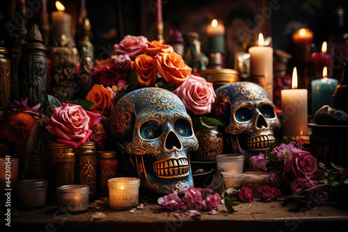 Dia de muertos altar concept , Day of the dead or dia de muertos banner with flowers , skulls , candles , guitar , Generate Ai
