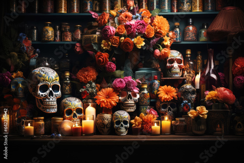 Dia de muertos altar concept , Day of the dead or dia de muertos banner with flowers , skulls , candles , guitar , Generate Ai
