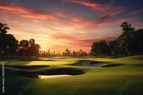 Golf course green on a beautiful tranquil day at sunset, scenic Landscape Wallpaper Background photo