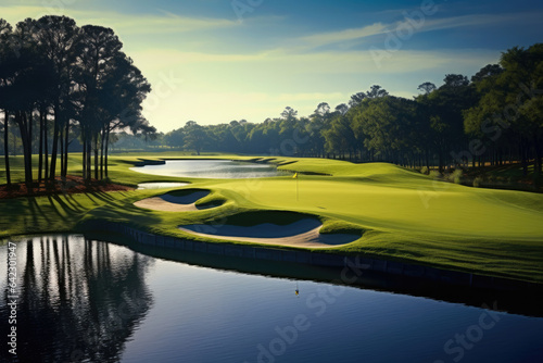 Golf course green on a beautiful tranquil day, scenic Landscape Wallpaper Background