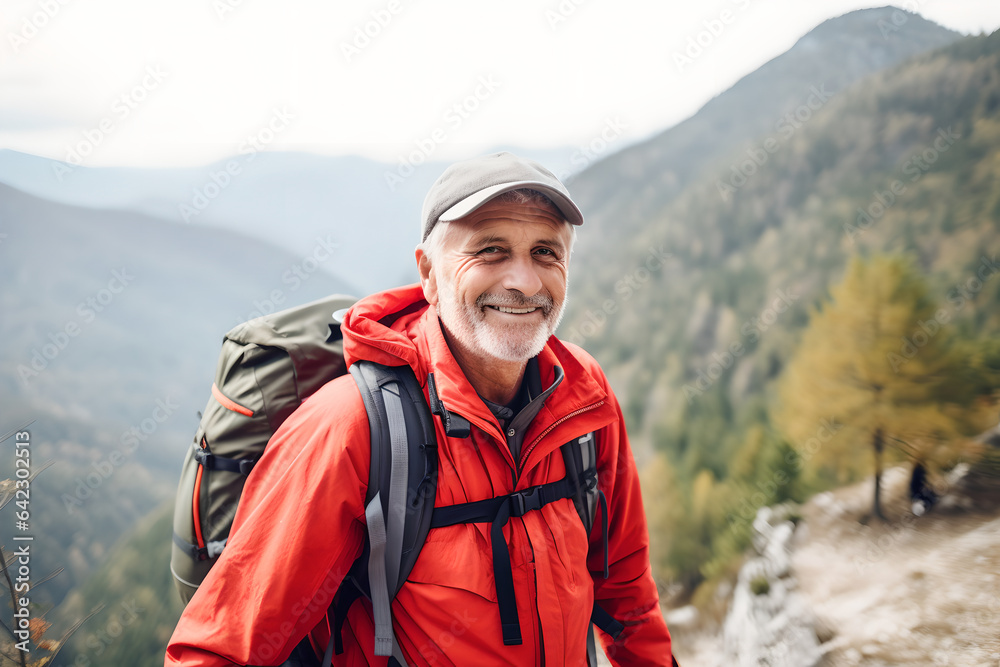 Portrait active senior man hiking in the mountain with backpack, happy mature man climbs to the top of the mountain with backpack