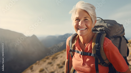 Portrait active senior woman hiking in the mountain with backpack, happy mature woman climbs to the top of the mountain with backpack