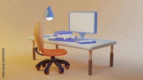 Cartoon 3d illustration of desk, computer chair, computer, keyboard, mobile, notebook and lamp against gradient yellow background. Minimal concept. 3d illustration highly usable. 3d school, business.
