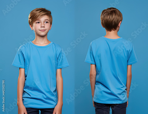 Front and back views of a little boy wearing a blue T-shirt
