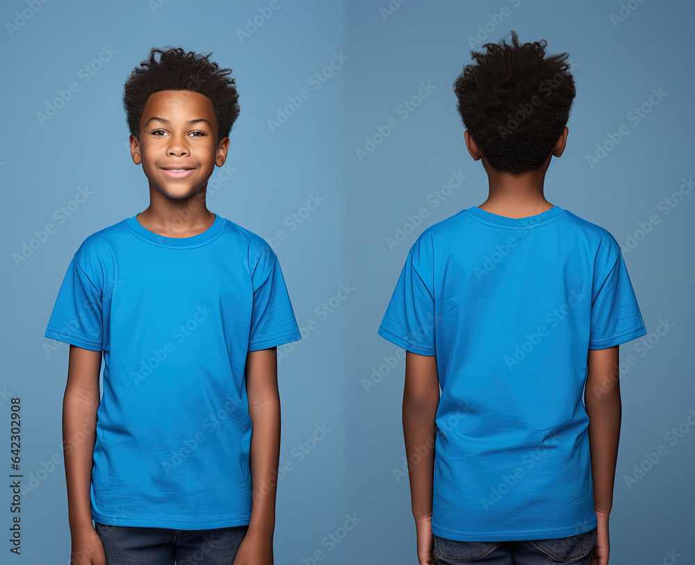 Front and back views of a little boy wearing a blue T-shirt Front and back views of a little boy wearing a blue T-shirt
