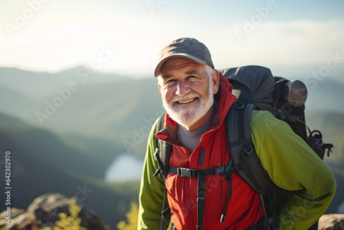 Portrait of senior man climbs to the top of the mountain with backpack, active old man hiking on the top of rock. Healthy lifestyle.
