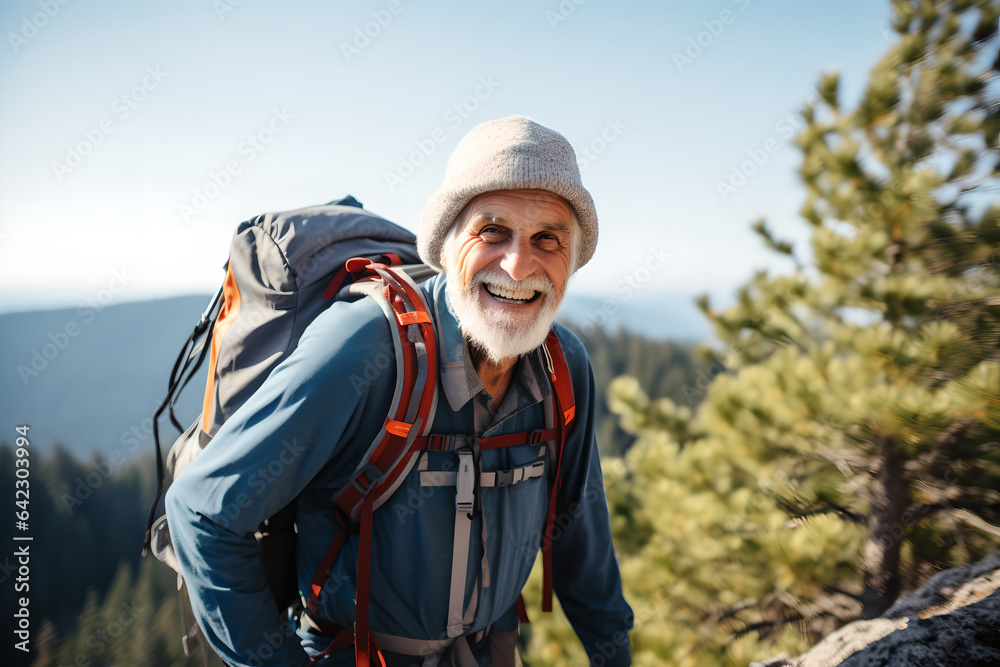 Portrait active senior man hiking in the mountain with backpack, happy mature man climbs to the top of the mountain with backpack