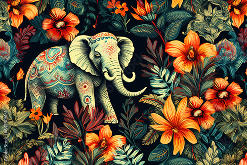 Image of pattern design using an elephant and flowers and leaves. Wildlife Animals. Illustration, Generative AI.