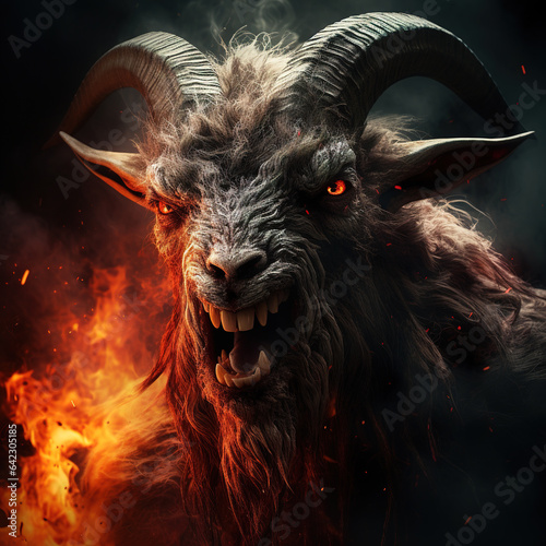 Image of angry demon goat terrifying and flames on dark background. Wildlife Animals. Illustration, Generative AI.