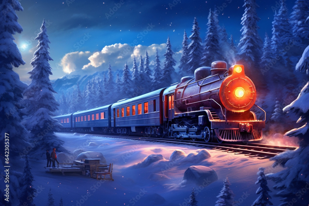 Steam locomotive in the winter forest. 3D illustration. Digital painting. - obrazy, fototapety, plakaty 