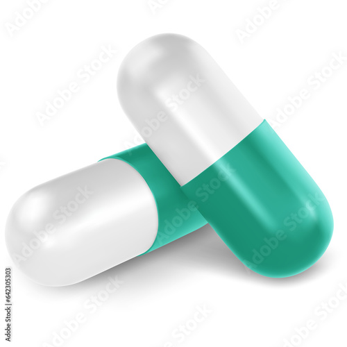 Two green white medical capsule pill. 3d realistic, pharmaceutical capsule, perspective view photo