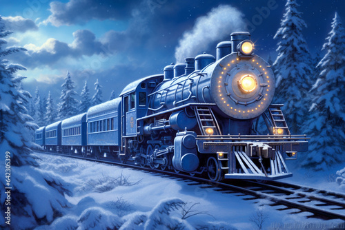 Steam locomotive in the winter forest. 3D illustration. Digital painting.