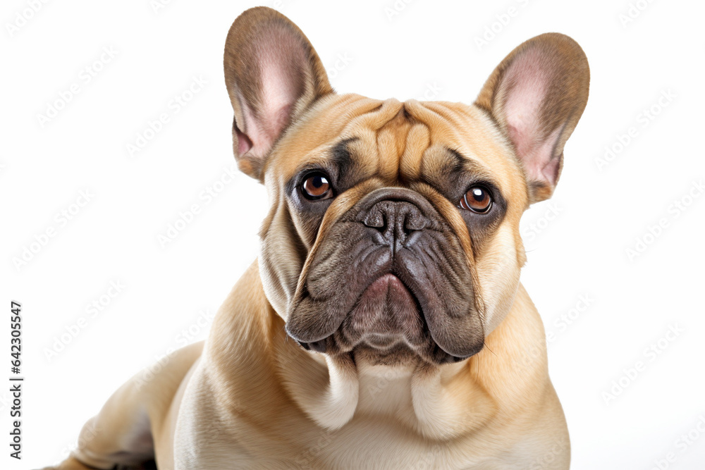 Portrait of fawn colored French Bulldog dog on white background
