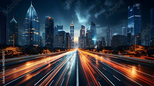 traffic with highway road motion lights, long exposure photography cityscape background