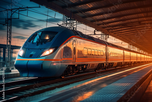 High-speed train in motion on the background of the setting sun