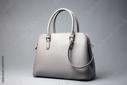 Women leather handbag on gray background.