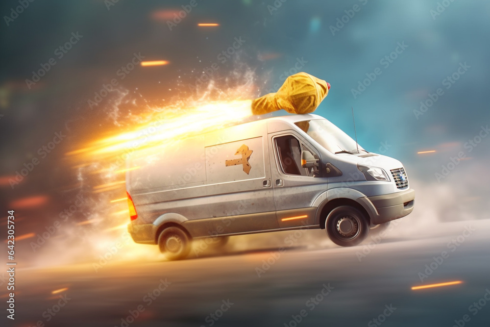 Van on the road with motion blur background. 3d illustration.
