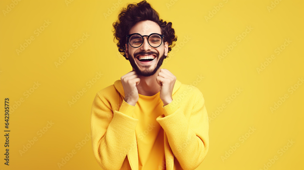 Fototapeta premium portrait of caucasian man smiling on yellow background 