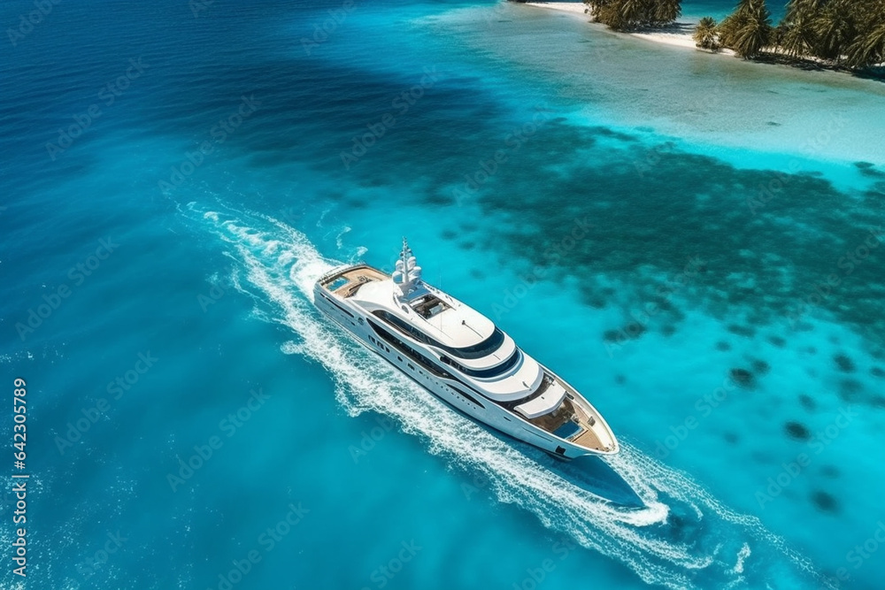Fototapeta premium Aerial view of luxury yacht in tropical lagoon. Luxury yachts on coral reef.