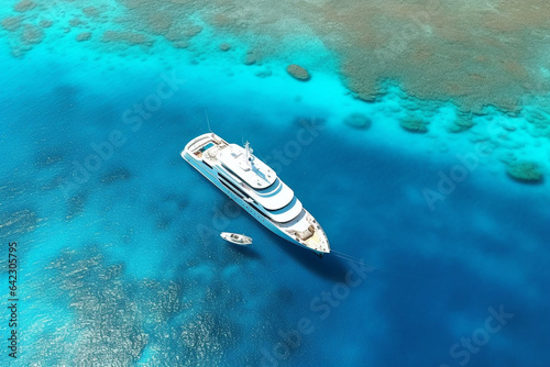 Aerial view of luxury yacht in tropical lagoon. Luxury yachts on coral reef. © Creative