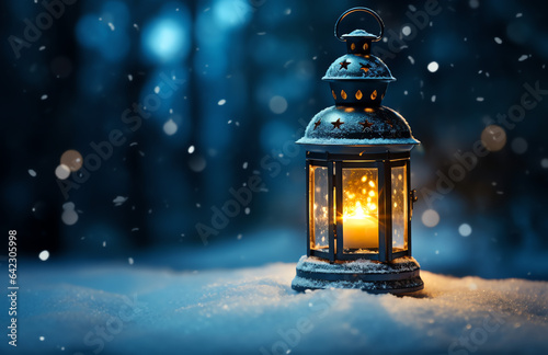 Christmas lantern in the winter snow. Generative AI