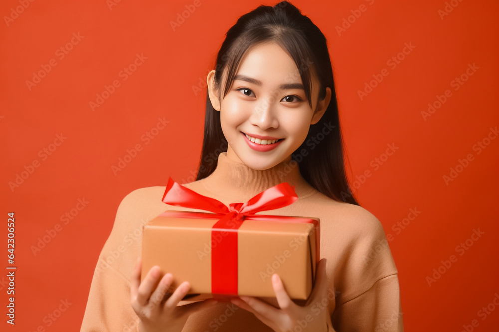 Asian woman prepares a package for online shopping delivery, while a cheerful delivery woman in an orange uniform stands with a parcel post box. Generative AI. Asian woman prepares a package for online shopping delivery, while a cheerful delivery woman in an orange uniform stands with a parcel post box. Generative AI.