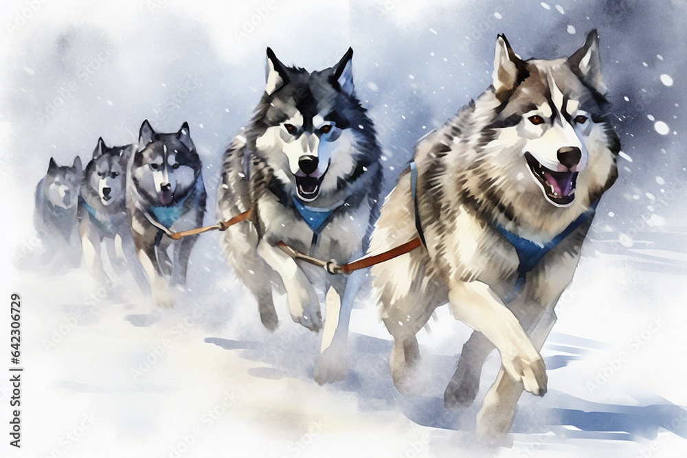Siberian husky dogs running in the snow in winter.