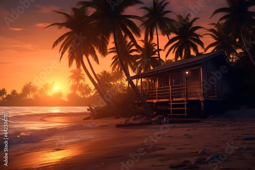 Palm trees on the beach at sunset with a wooden hut in the foreground