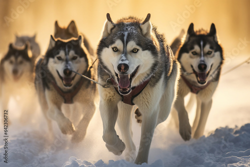 Siberian husky dogs running in the snow in winter.