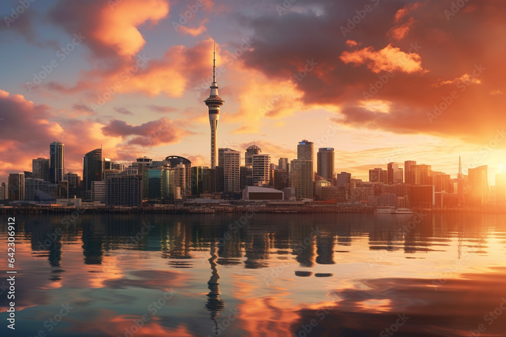 Obraz premium Toronto city skyline at sunset, Ontario, Canada. Copy space for text