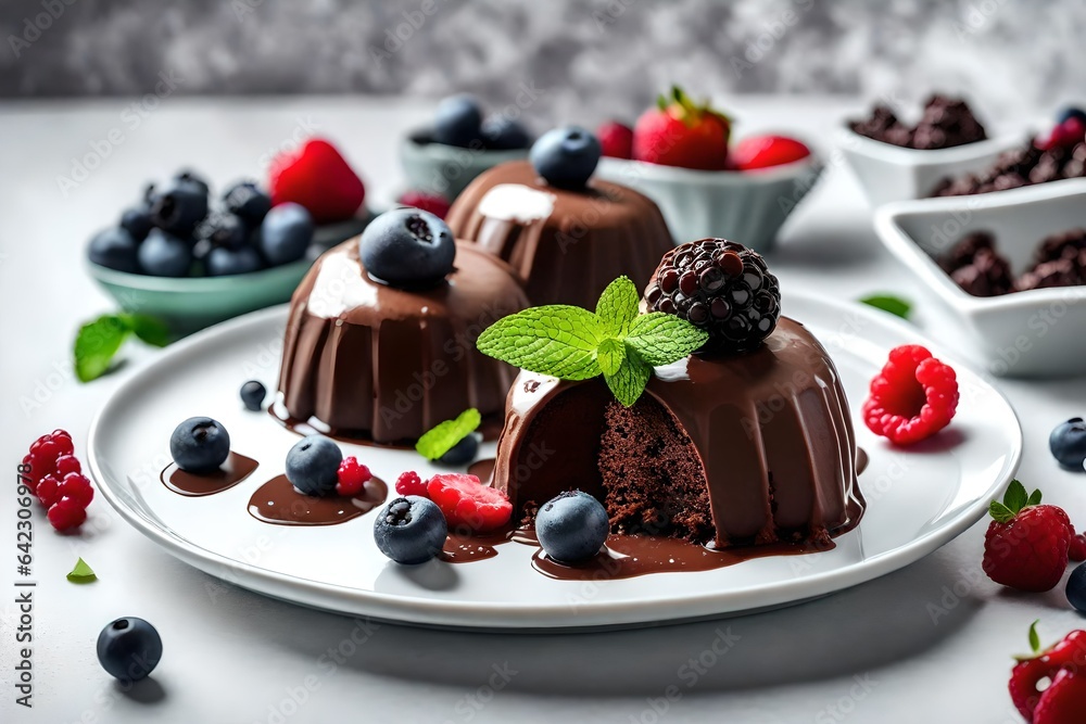 Delicious chocolate fondant, berries and mint on white plate Delicious chocolate fondant, berries and mint on white plate