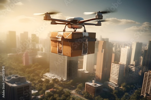 Drone delivering a parcel, city background