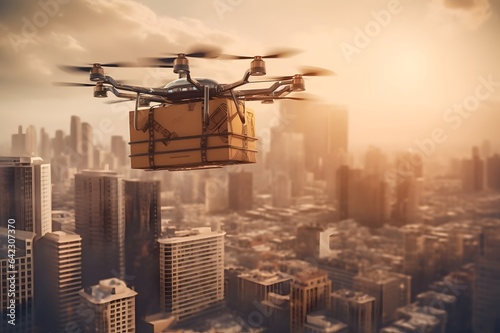 Drone delivering a parcel, city background