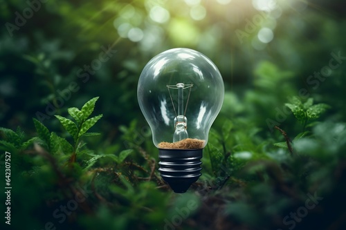 Light bulb in the green forest. Green energy and ecology concept