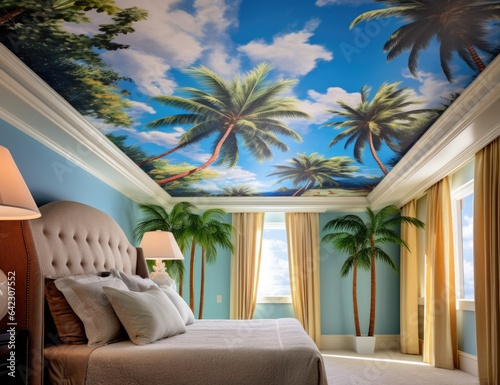 beautiful wall painting of the hotel that stays by the sea resort Consists of palm trees  coconuts in the area around the building.