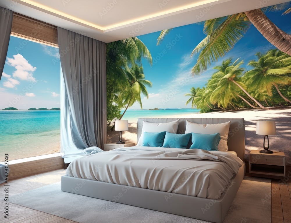 Inside the most luxurious beachfront room next to the sea. You can see outside there is a clean white sand beach. the most beautiful nature There are coconut trees lined up. Sandy beach near clear blu