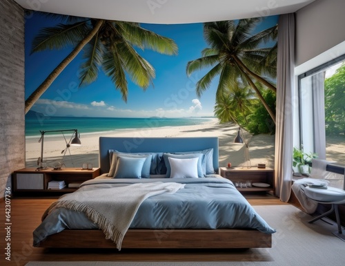 Inside the most luxurious beachfront room next to the sea. You can see outside there is a clean white sand beach. the most beautiful nature There are coconut trees lined up. Sandy beach near clear blu © panu101