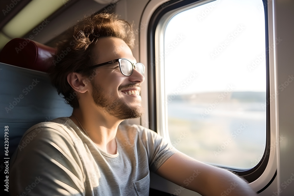 Happy man traveling by train looking outside the window enjoying passing scenery, smiling tourist sitting in train chair enjoying his travel Happy man traveling by train looking outside the window enjoying passing scenery, smiling tourist sitting in train chair enjoying his travel