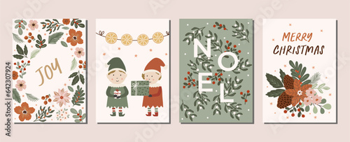 Collection of christmas greeting cards and posters with hand drawn winter holiday and christmas elements and floral arrangement. Set of winter christmas illustrations