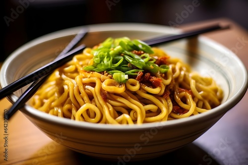 White bowl with chinese noodles with beef and vegetables