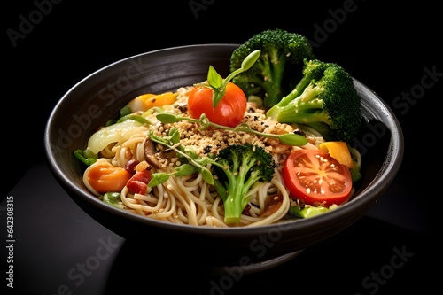 A bowl of noodles Served with vegetables and herbs