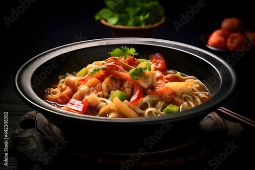 Bowl with chinese noodles with beef and vegetables