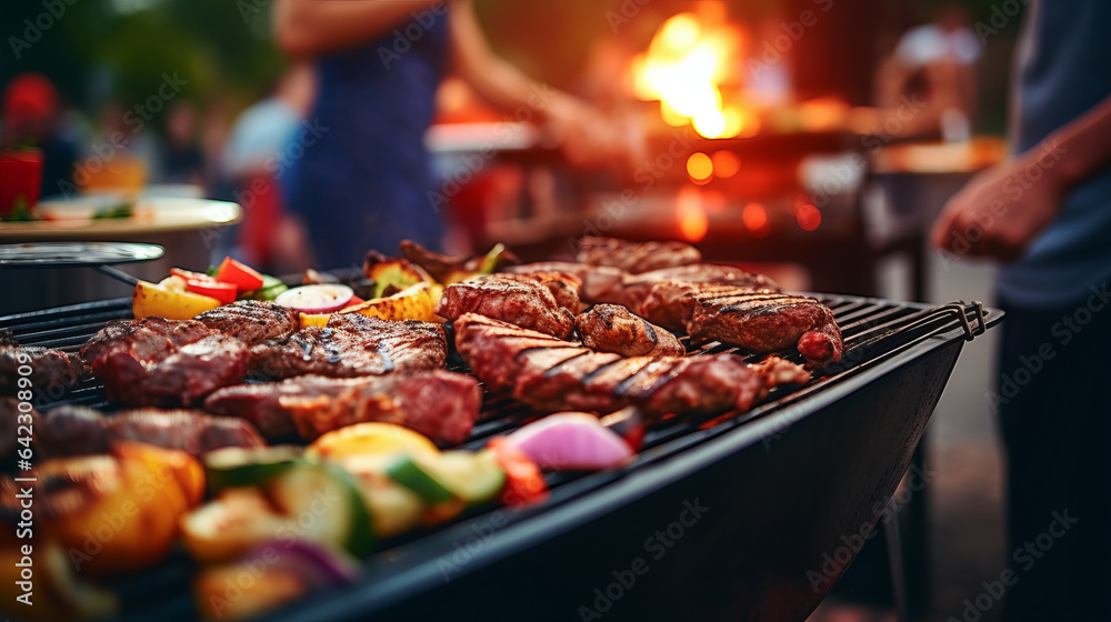 Barbecue grill with delicious grilled meat and vegetables and blurry people in background attending a garden barbeque party Barbecue grill with delicious grilled meat and vegetables and blurry people in background attending a garden barbeque party