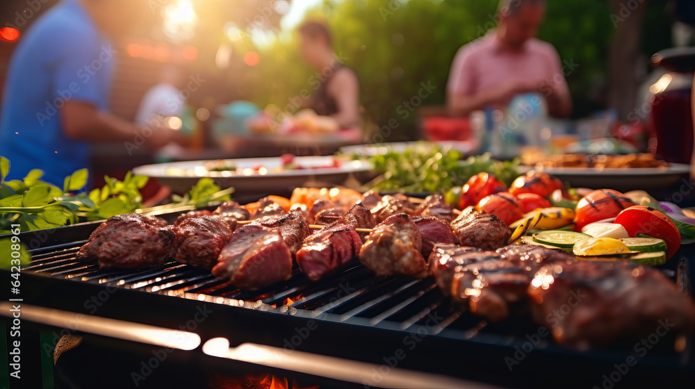 Barbecue grill with delicious grilled meat and vegetables and blurry people in background attending a garden barbeque party