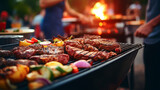 Barbecue grill with delicious grilled meat and vegetables and blurry people in background attending a garden barbeque party